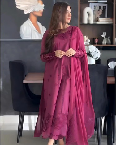 3 Piece Cotton Embroidered Dress - Majesty Wine